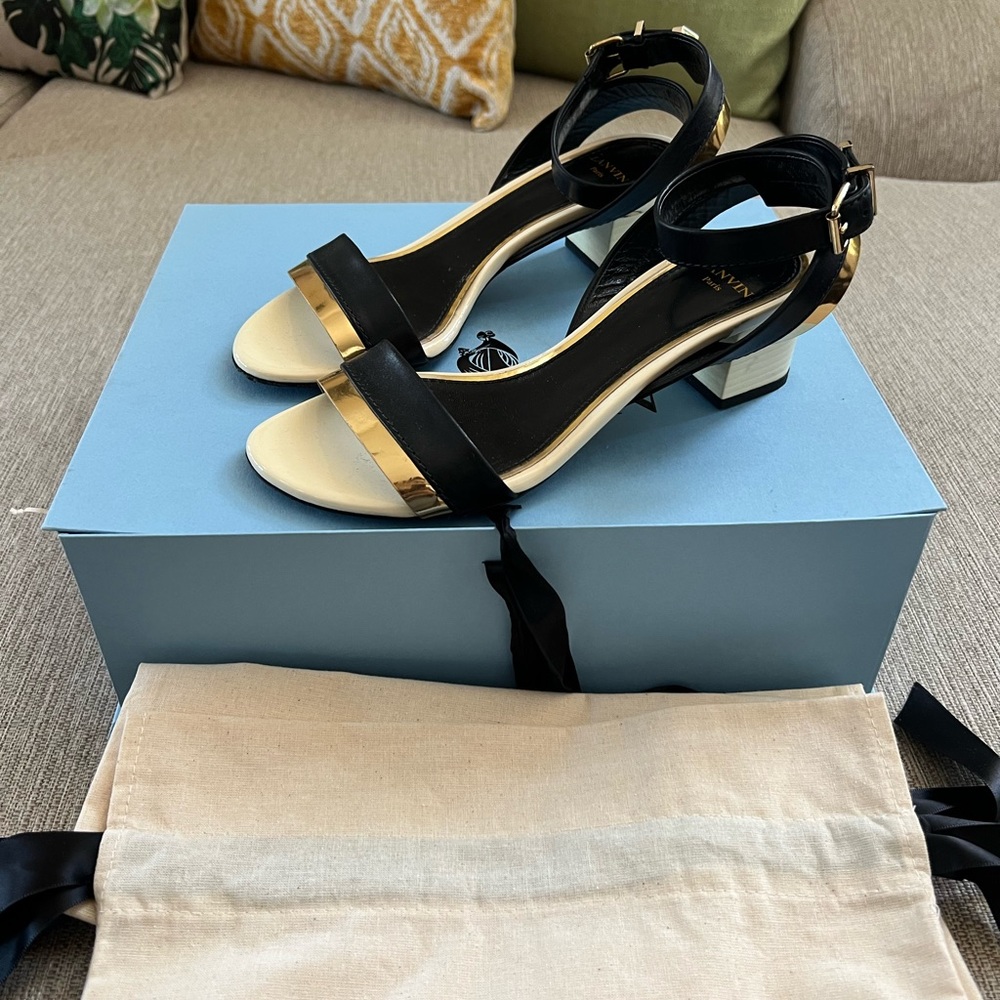 Lanvin Paris Mirror Cube Heel Sandal Leather Sandals Black Gold 36.5 EU 6.5 US